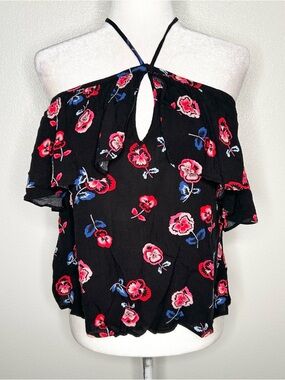 Express Womens Black & Red Floral Ruffled Halter Top Size S